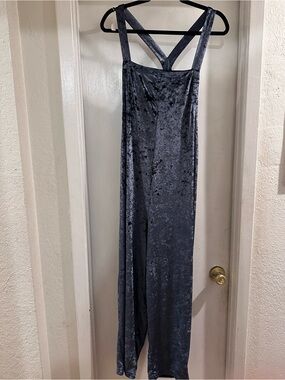 Crushed Velvet Blue Jumpsuit with Crossback Straps